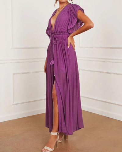 Image of R.Vivimos Maxi Dresses for Women 2026 Summer Short Sleeve V Neck Drawstring Tie Boho Loose Flowy Long Dresses with Pockets