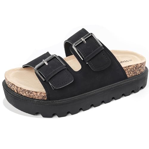 Image of Chunky Platform Sandals for Women, Waterproof Non-Slip Rubber Sole, Adjustable Double Buckle, Arch Support Open Toe Slide Sandals, Comfortable Black Wedge Sandals for Women