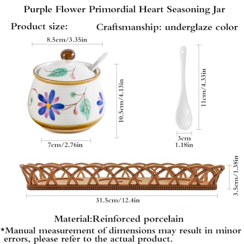 YMYL Ceramic Salt Sugar Bowls Set, Set of 3 Condiment Pots Seasoning Jar Spice Container with Lid Spoon and Tray for Home Kitchen Counter, Dishwasher Safe (Purple)