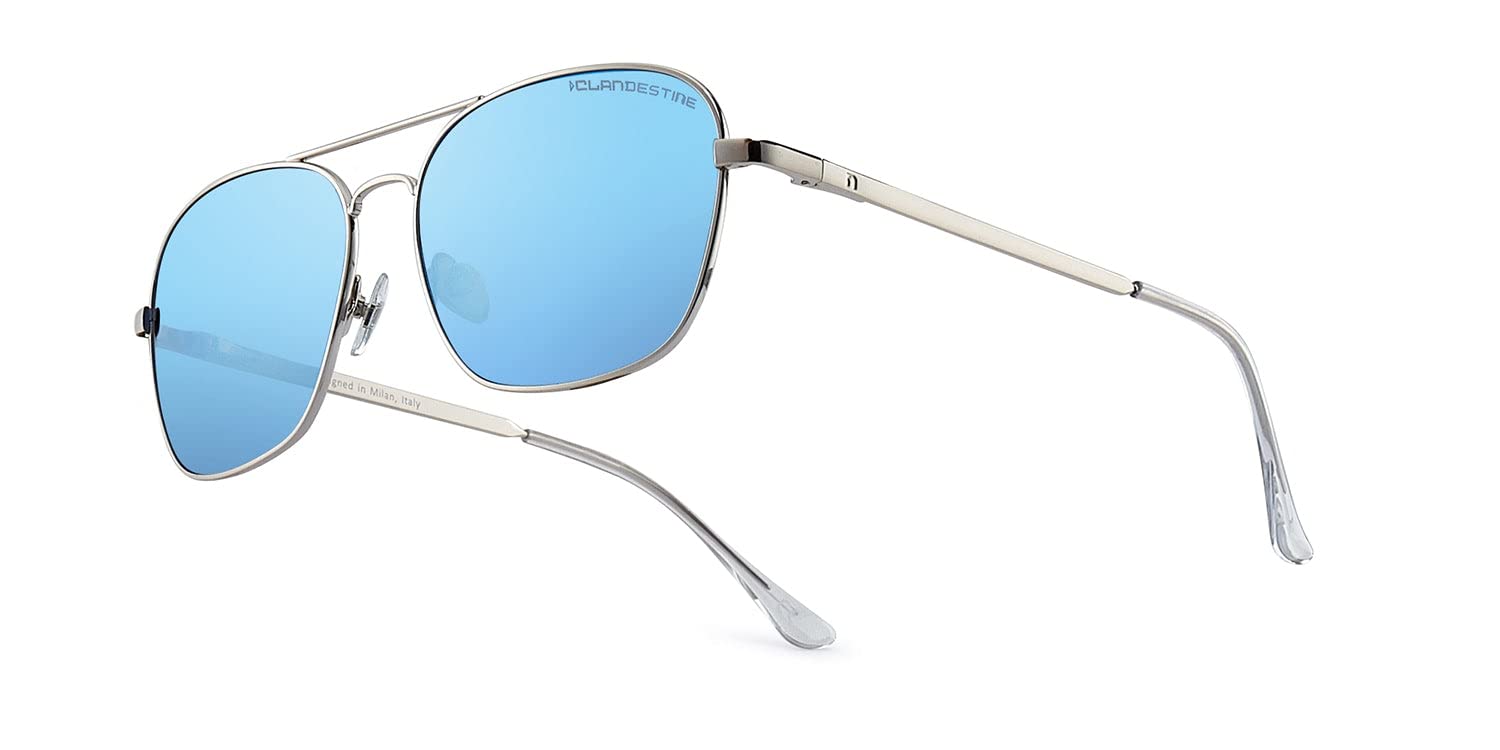 CLANDESTINE - Sonnenbrille B-Pilot 18 Silver Ice Blue - Blaue HD Nylon Gläser und Edelstahlrahmen - Sonnenbrille für Männer und Damen - Mit Smart Vision Technology - Bessere Sicht, Geringere Blendung