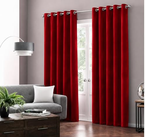 Image of Amazon Brand - Solimo Velvet Curtain Set of 2 (52x96 Inch) Plain Door & Window Curtains for Living Room & Bedroom |75% Light Blocking, Eyelet Curtains for Home Decor in Red Color (4 feet x 8 feet)