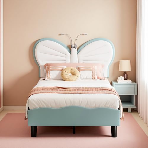 RTYUSWL Cama infantil tapizada de 90 x 200 cm, cama infantil con iluminación LED, cama infantil de 90 x 200 cm para niñas, cama individual con somieres y respaldo, estructura de cama para niñas, tela