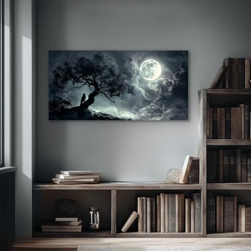 SERIMINO Large Wall Art for Living Room, Dark Landscape Canvas Prints Paintings, Moonlit Night Pictures Wall Decor Aesthetic, Moon and Tree Modern Home Decor Bedroom Bathroom Office Artwork 24"X48"