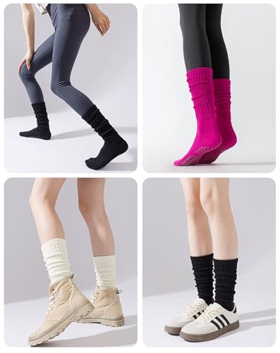 Image of Yawlsow Pilates Socks with Grips for Women Yoga Ruffle Grippy Non Slip Long Slouchy Scrunch Socks for Barre Workout Hospital