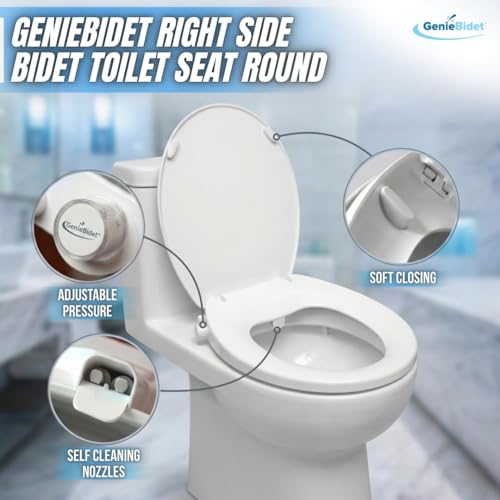 Image of GenieBidet Right Side Bidet Toilet Seat Round - Round Bidet Toilet Seat with Adjustable Self-Cleaning Nozzles, Attachment, T Adapter & Bottle - Non Electric Bidet Seat
