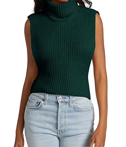 Image of Womens Sleeveless Sweater Vest Turtleneck Ribbed Knit Tank Tops Basic Slim Fit Top