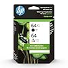 Cartuchos de tinta negros originales HP 64 tricolor / 64XL (paquete de 2) | Funciona con HP ENVY Inspire 7250e, 7950e Series; HP ENVY Photo 6200, 7100, 7800 Series