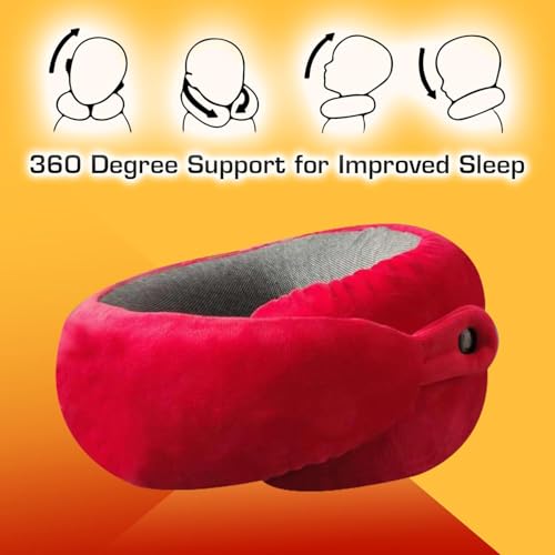 Image of Billebon Memory Foam Travel Neck Pillow with Magnetic Fabric Luxury Neck Support Pillow for Comfortable Travel, Washable Removable Cover (Red with Eye Mask)