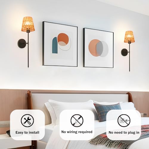 Image of Boho Battery Operated Wall Sconce Set of 2, Black Rattan Rechargeable Wall Lights with Dimmable Bulbs and Remote,15 Colors Wireless Wall Lamps for Bedroom Living Room Hallway Decor