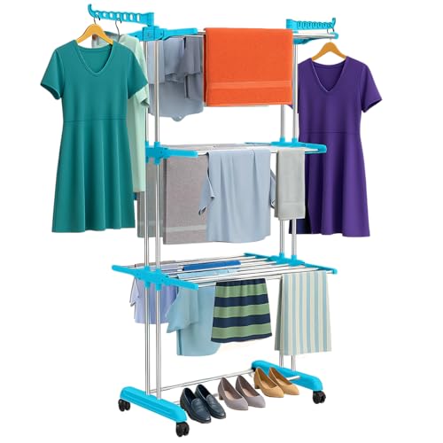Image of H Houseware Foldable Cloth Drying Stand Stainless Steel 3 Tier Heavy-Duty Clothes Dryer for Balcony Indoor & Outdoor Use with Wheels & Hanger Slots Rust-Proof (Blue) 121.9 x 68.6 x 167.6 Cm