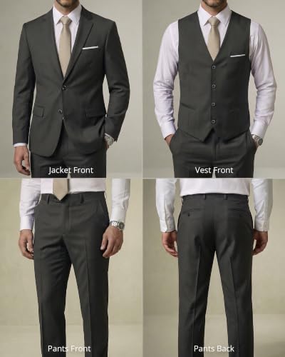 Image of YND Men's 3 Piece Suit with Tie, Solid Color Slim Fit Jacket Vest and Pants