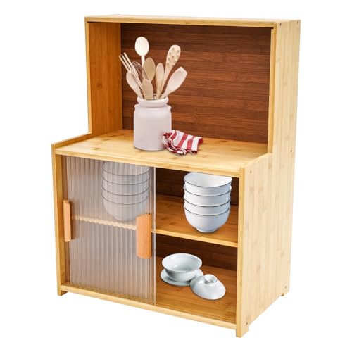 Shinpeed Petit buffet en bambou - Armoire de rangement de cuisine avec plan de travail - Armoire de cuisine en bois avec porte coulissante en verre - Étagères...