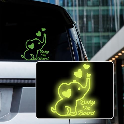 Image of High Intensity Reflective Baby on Board Car Decal Cartoon Cute Elephant Kids on Board Car Sticker Waterproof Safety Warning Decal Baby in Car Sticker (Fluorescent Green)