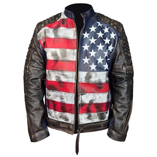 Image of The Next Mens Distressed Inspired by American Flag USA Casual Motorcycle Zipper Coat With USA Flag Genuine Leather Jackets