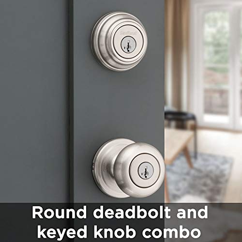 Kwikset Juno Keyed Entry Door Knob And Single Cylinder Deadbolt Combo Pack With Microban Antimicrobial Protection Featuring Smartkey Security In Satin Nickel #TOP4