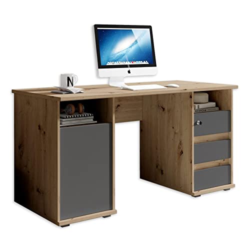 PRIMUS 2 Schreibtisch mit Schubladen, Artisan Eiche Optik / Anthrazit - Bürotisch Computertisch fürs Homeoffice mit Stauraum und offenen Ablagefächern - 145 x 74 x 65 cm (B/H/T)
