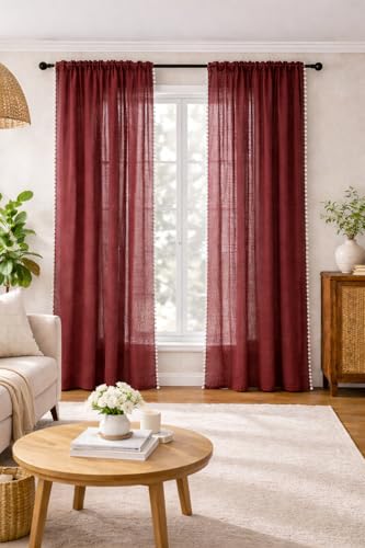 Image of THE LINEN COMPANY Window Curtains Sheer Cotton Curtains with Pom Pom Lace Rod Pocket Light Filtering Transparent Net Curtains for Window Curtains Door Curtains Living Room Maroon 4 Ft Pack of 2