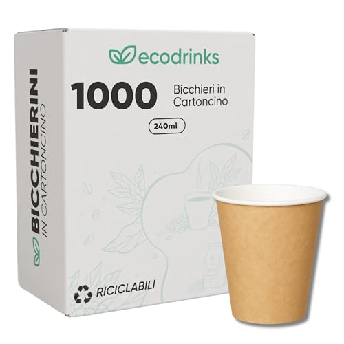 ecodrinks - 1000 Bicchieri Carta Avana 240ml - Per Acqua, Cocktail, Bevande Calde e Fredde - Biodegradabili, Eco-friendly e Made in Italy