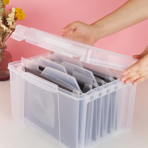 Image of Clear Craft Storage Box with 6 Tabbed Dividers for Holiday Birthday Photos, Crafts, Scrapbook, Paper, Stickers, Envelopes and More, Plastic Box of Card Box Stamp Die Cuts Storage with lid Box