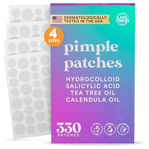 LivaClean 330 CT Pimple Patches for Face w/Salicylic Acid, Tea Tree Oil & Calendula Oil - Four Sizes - Pimple Patch, Hydrocolloid Patch, Acne Patches for Face, Blemish Patches, Acne Patch, Zit Patches Cover