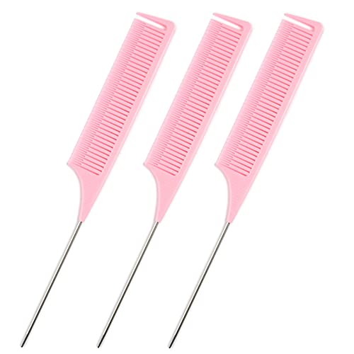 Rat Tail Combs Hair Comb : 3Pcs Teasing Comb for Women,Steel Pin Rat Tail Carbon Fiber Heat Resistant Teasing Combs with Stainless Steel Pintail ，Salon Styling Combs (Pink)