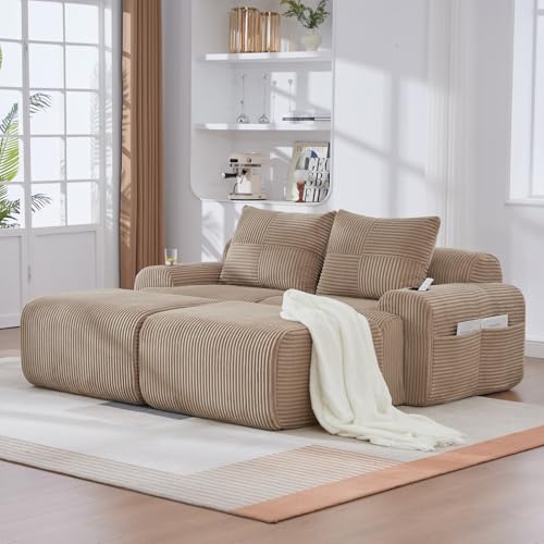 PUGSDRLY Canapé Modulaire en Velours Côtelé, Canapé d'angle Moderne, Assise Profonde, Accoudoirs Larges, sans Assemblage, avec Porte-Gobelet et Poches Latérales...
