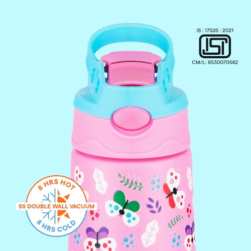 Image of Borosil 330ml Butterfly Kids Stainless Steel Bottle | ISI Certified Made in India | 8 Hrs Hot & Cold Double Wall Vacuum Insulated Flask | Push & Straw Lid | Powder Coated Finish | 1 Year Warranty