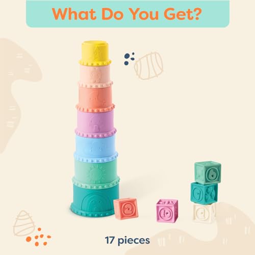 Image of B. toys Soft Baby Blocks & Stacking Drip Cups, Stackin' Squishies | 17-piece sensory baby toy set with soft blocks and drippy stacking cups featuring numbers, shapes and animals, 6+ Months
