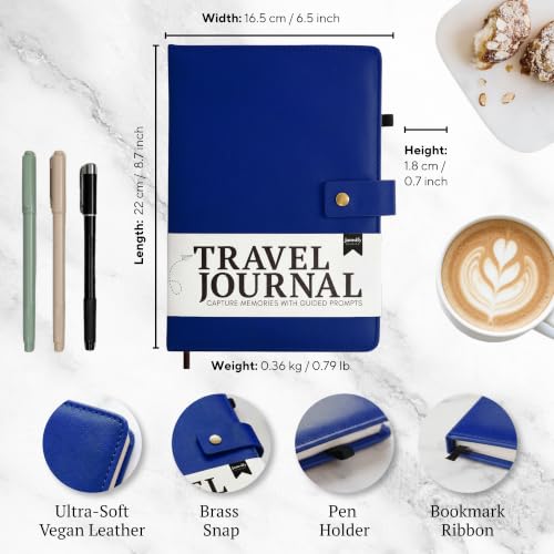 Image of Travel Journal with Prompts (Hardcover) 2nd Edition - Vegan Leather Adventure Essential - 2-Page-A-Day Travel Journal (40 Days) for Women Men Nonbinary - A5 Daily Diary & Traveler Notebook - Gift - Present - Royal Blue