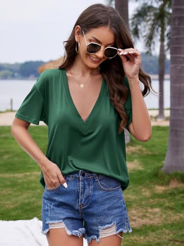 Image of UNCLECAT Womens Deep V Neck T Shirts Summer Oversized Short Sleeve Tops | V Neck, Sexy, Solid, Loose Fit, Casual, Trendy, Going Out, Daily Wear, Workout