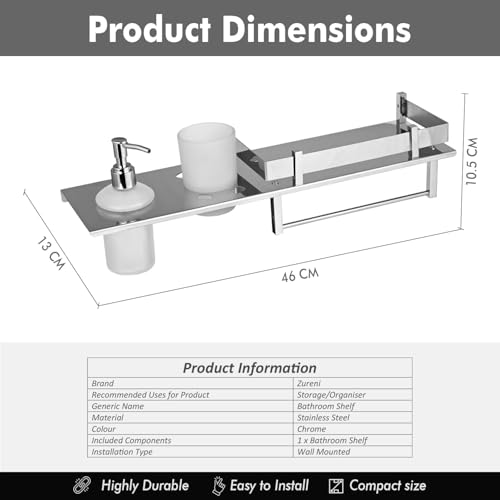 Image of Zureni 4-in-1 Shelf Rack for Bathroom 304 Grade Stainless Steel Multipurpose Towel Hanger Liquid Dispenser Toothbrush Holder Wall Mount Accessories Storage Stand Home Washroom (1 Pc, 18 inchx5 inch, 1010)