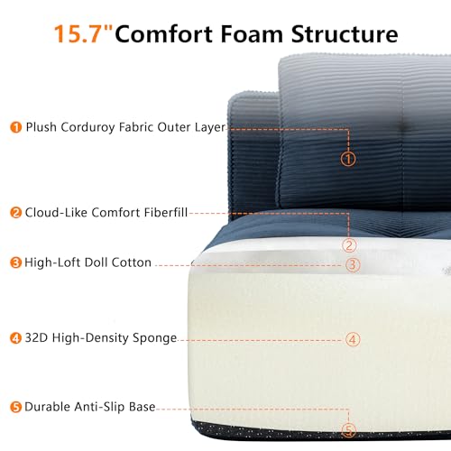 Image of 151.1 inch Large Modular Sectional Sofa for Living Room, 6-Seater V-Shaped Boneless Corner Sofa, Comfy Cloud Couch with 2 Movable Ottomans, Corduroy Design for Family Space, No Assembly, Blue