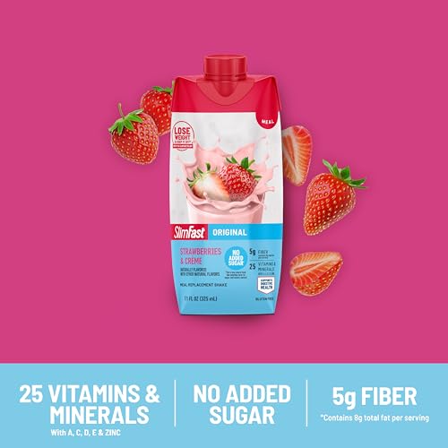 Image of SlimFast Meal Replacement Shake, Original Strawberries & Creme, No Added Sugar, Meal Replacement Shakes, 10g Ready to Drink Protein, 5g Fiber, 25 Vitamins and Minerals, 11 Fl. Oz, 12 Count (Pack of 2)