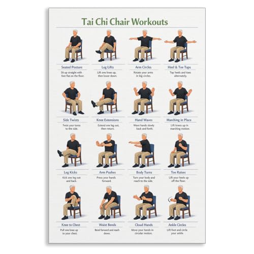 Tai Chi Chair Workout Chart Poster Seated Exercises for Beginners and Seniors Canvas Wall Art Adult Home Fitness Guide Wall Decor Daily Slow Flow Exercise for Gym 12x16in Unframed