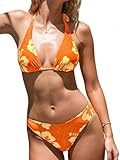 CUPSHE Women's Bikini Sets Two Piece Swimsuit V Neck Halter Back Self Tie Low Rise Bottom,M