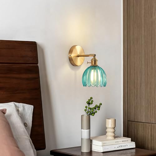 Image of Vintage Wall Sconces with Gold Finish, Adjustable Arm, Ribbed Glass Shadewall Light fixtures Wall Lights for Bedroom, Living Room, Hallway, or Bathroom (Blue)