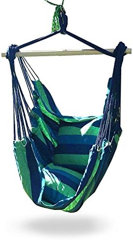 iCorer Hammock Chair Swing Seat for Indoor or Outdoor Spaces, S Hook & Rope Included, Blue & Green Stripes, 2 Seat Cushions, Max. 265 Lbs