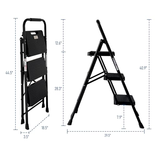 Image of 3 Step Ladder, Folding Step Stool with Wide Anti-Slip Pedal, 300 lbs Capacity Sturdy Steel Ladder, Ladder for Home, Garden, Painting, Outdoor, and Garage, Black