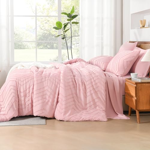 Image of Litanika Pink Queen Size Comforter Set with Sheets - 7 Pieces Bed in a Bag Queen Boho Tufted Complete Bedding Sets with Comforter, Sheets, Pillowcases & Shams