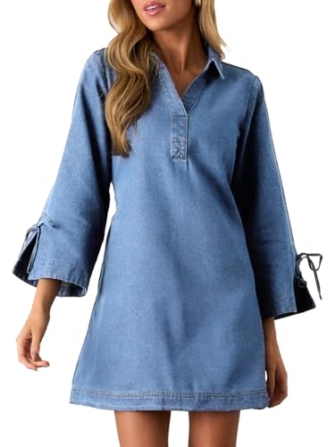 Image of Womens Denim Shirt Dress Collared V Neck Bell Long Sleeve Mini Casual A-line Jean Dresses with Bow