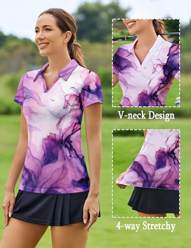 Image of PINSPARK Womens Golf Shirt Short Sleeve Polo V-Neck Quick Dry Tennis Tops | Moisture-wicking Breathable Fabric, Classic Collar, Slim Fit, Ideal for Golf Tennis Pickleball Casual