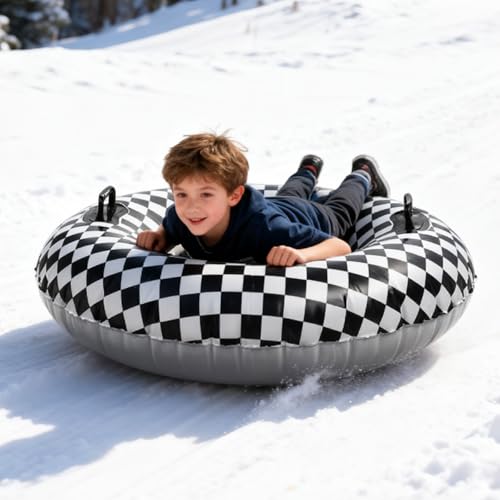 101cm Schwarz-Weiß Karierte Flagge Snow Tube für Kinder und Erwachsene, Kältebeständiges PVC Aufblasbar Schneeschlitten mit Erhöhten Griffen Winter Outdoor Rodelzubehör
