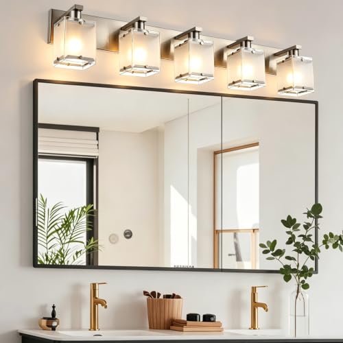 Image of 5-Light Bathroom Vanity Light Fixtures, Modern Brushed Nickel Vanity Lights Over Mirror with Frosted Glass Shades, Rust-Proof Bathroom Wall Sconces for Bathroom Lighting, E26 Base