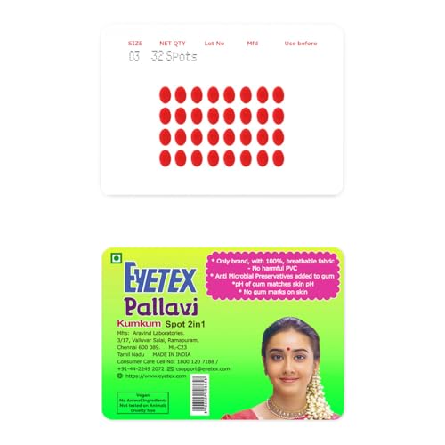 Image of Eyetex Pallavi Sticker Bindi /Pottu|Oval|Aloe Vera & Papaya Extracts|Breathable Non-Irritating Velvet Fabric|O3|Red|20 Flaps