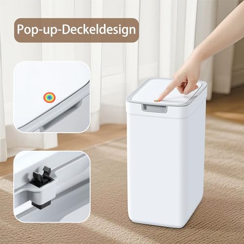 MOPUP Badezimmer-Mülleimer mit Deckel, 2er-Pack, 13,5 Liter + 9 Liter, schmaler Mülleimer, Druckknopfdeckel, geeignet für Badezimmer, Schlafzimmer, Büro, Wohnzimmer (Weiß)