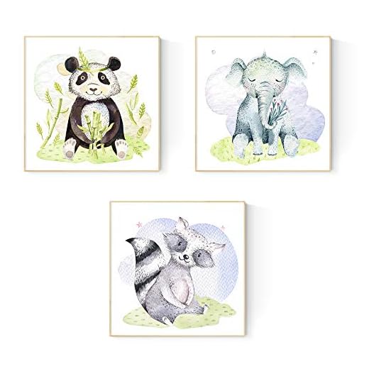 Nacnic Set de 3 láminas para enmarcar ELEFANTE, OSO PANDA Y OSO HORMIGUERO Posters para habitación infantil. Estilo acuarela y tonos pastel