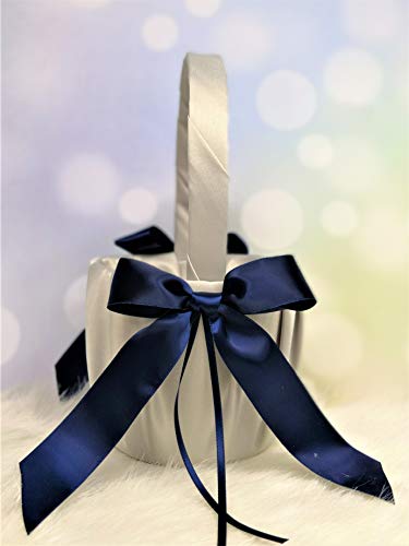 Abbie Home Flower Girl Basket in Silver Satin Cover with Navy Blue Ribbon Bow Décor Party Favor Set-Navy Bow Basket