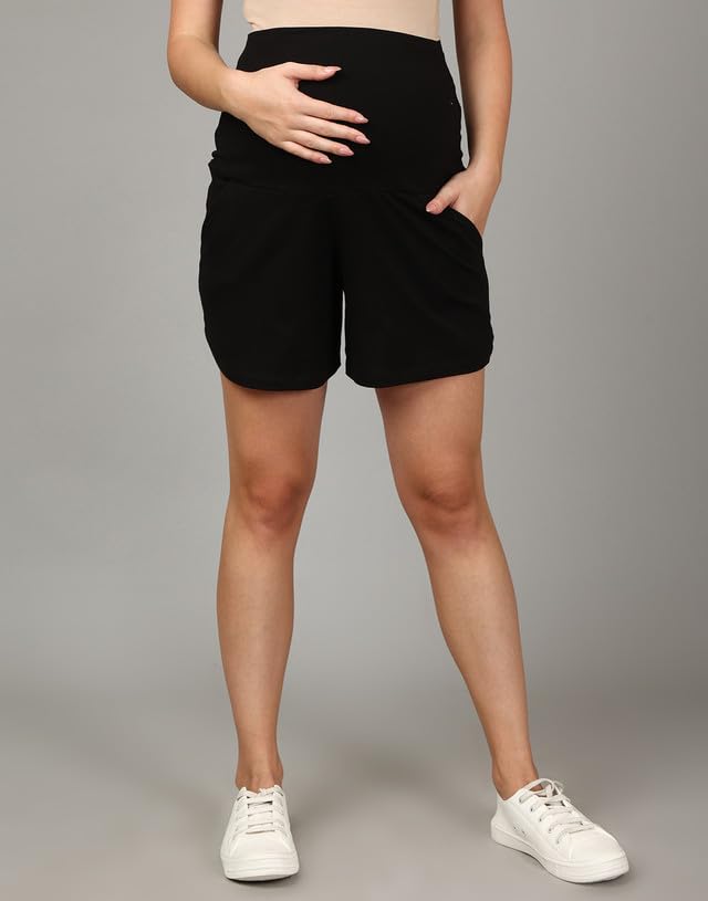 The Mom Store Maternity Shorts for Pregnancy - Stretchy Comfort Fit Pregnancy Shorts for Expecting Moms - Breathable Cotton Fabric with Adjustable Drawstring Waistband(Black, 2XL) - Image 7 thumbnail