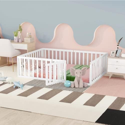 Walnut Large Children's Bed Frame, Solid Wood Floor Bed Frame, Bed Frame with Fence, with Door. (Gray)