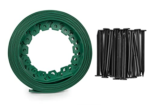 Flexible Lawn Edging, Plastic Garden Edging Border with 20 Strong Securing Pegs, Edging for Grass, Gravel, Paths, Drives, Height 6cm, Green, Grey, Brown, Black (2 packs = 20m, Green)